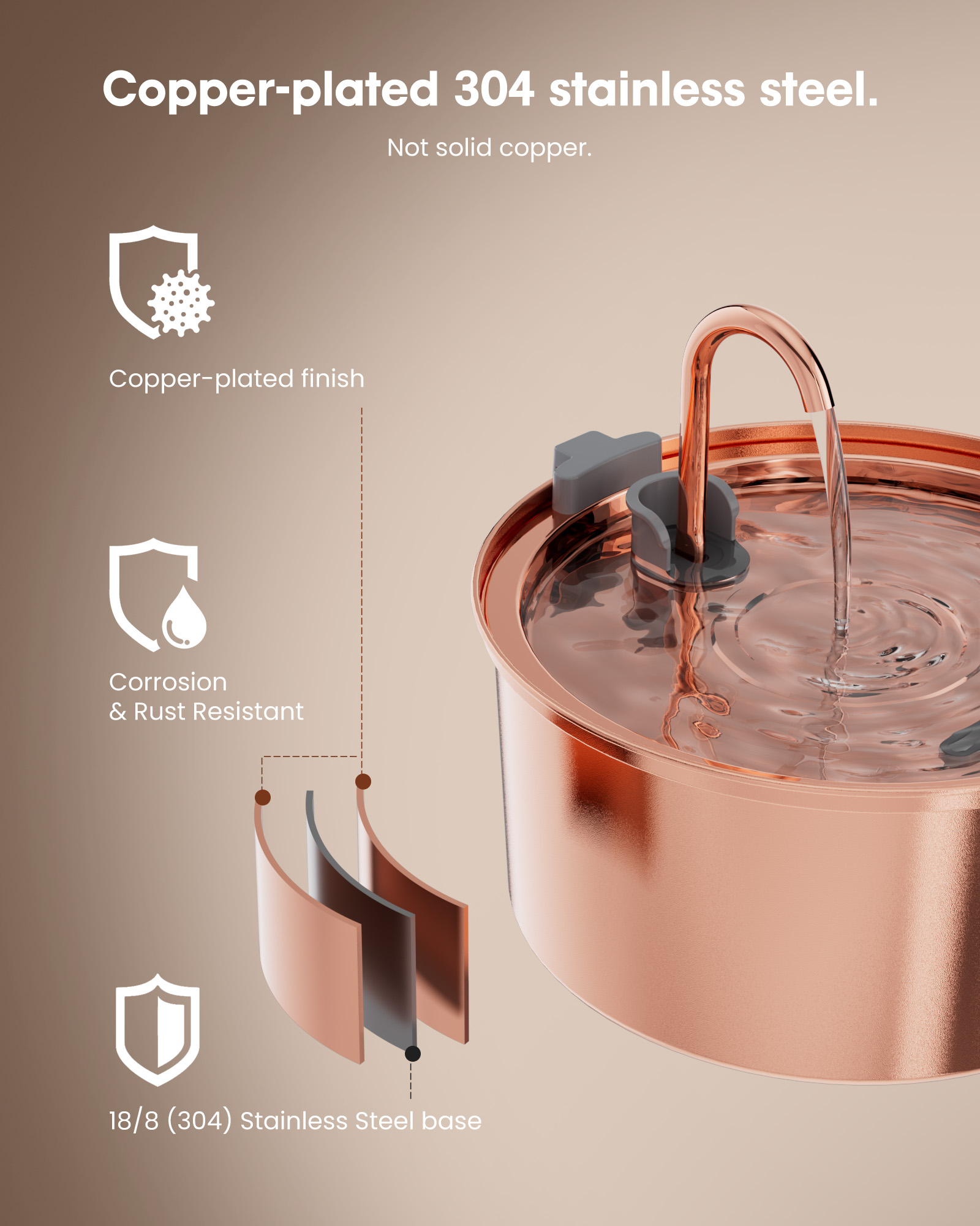 Furclan Copper Cat Water Fountain, Stainless Steel, 3.2L photo 6