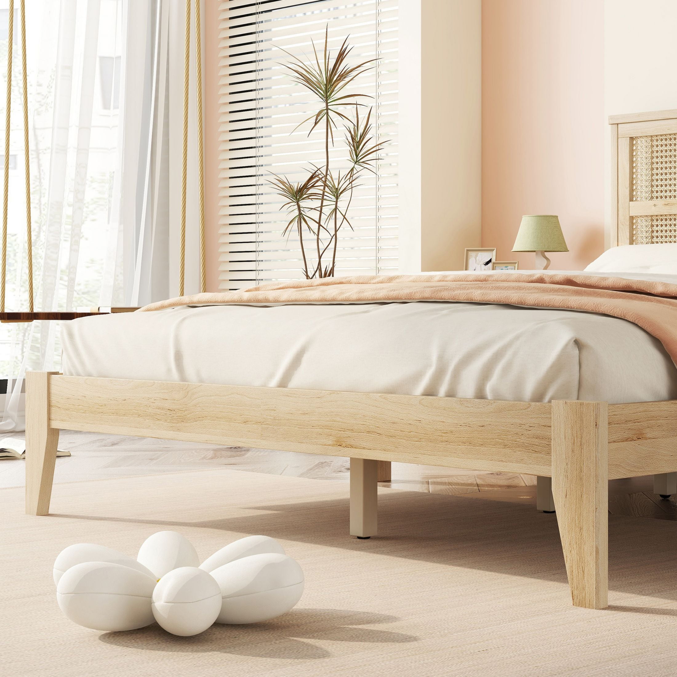 Aukfa Queen Size Bed Frame, Rubber Wooden Platform Bed with Rattan Headboard, Oak