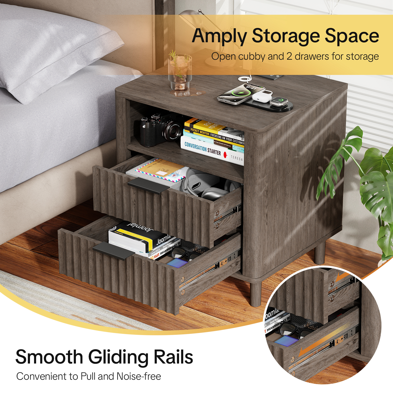 18" Wide Fluted Nightstand Set of 2 with Charging Station Modern Wood Bedside Table with 2 Drawers and Open Shelf, Mid Century End Table for Bedroom Living Room Office, Dark Gray