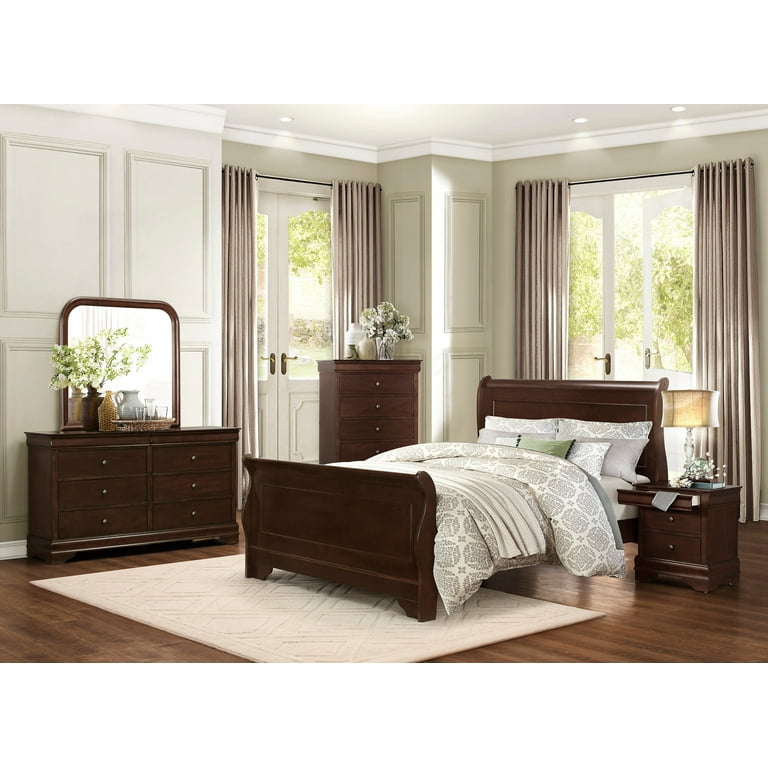 Louis Philippe Style Bedroom Furniture 4pc Set Eastern King Sleigh Bed Nightstand Dresser Mirror Brown Cherry Finish