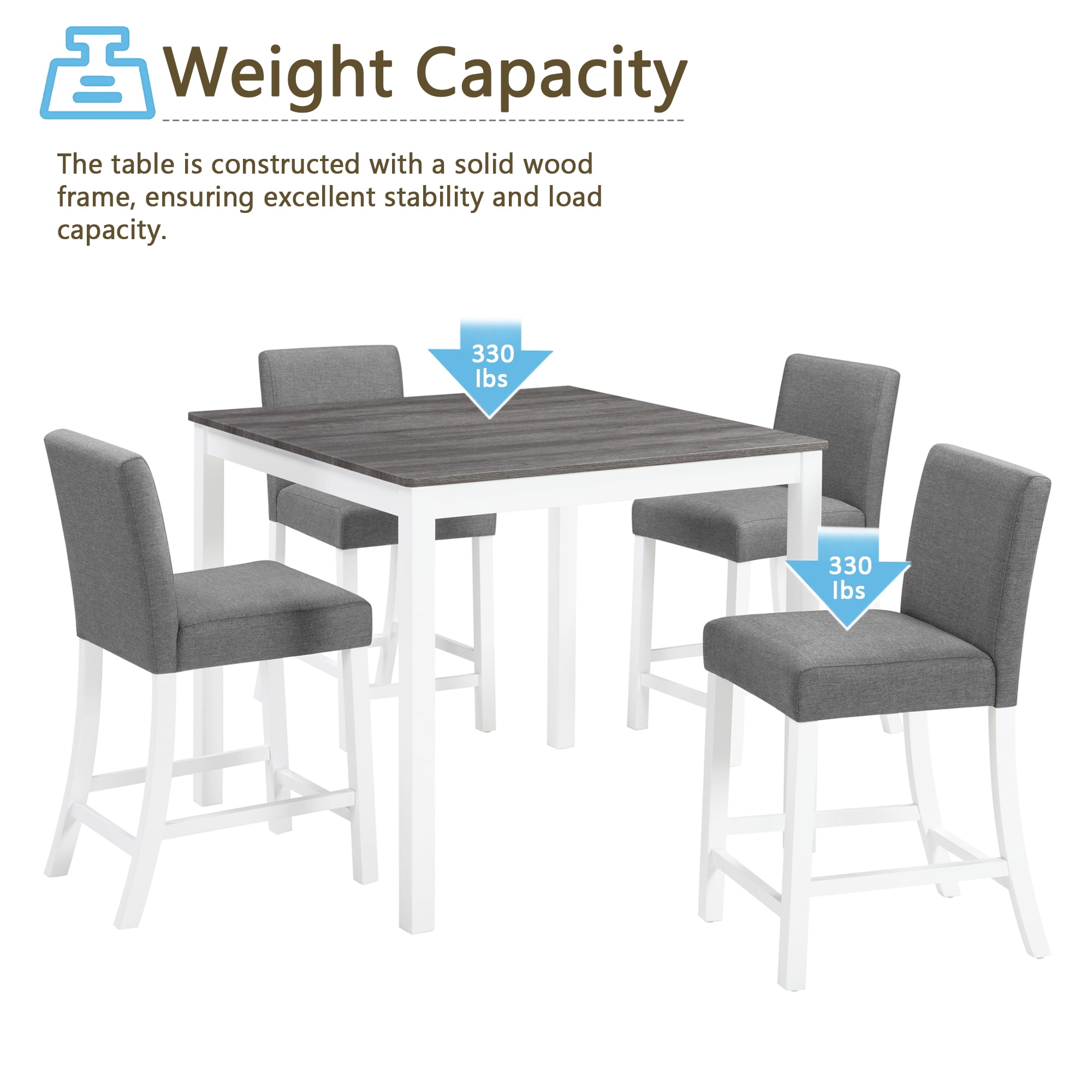 BSHTI 39" 5-Piece Rectangle Counter Height Table Set with Upholstered Chairs, Modern Space Saving Design for Dining Room（Grey & White）