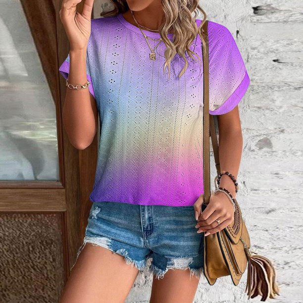 mfyjkho Tops Bohemios Para Mujer, Camiseta De Manga Corta Con Cuello Redondo Y Dobladillo Curvo Estampada A La Moda Para Mujer Tops Para Salir M