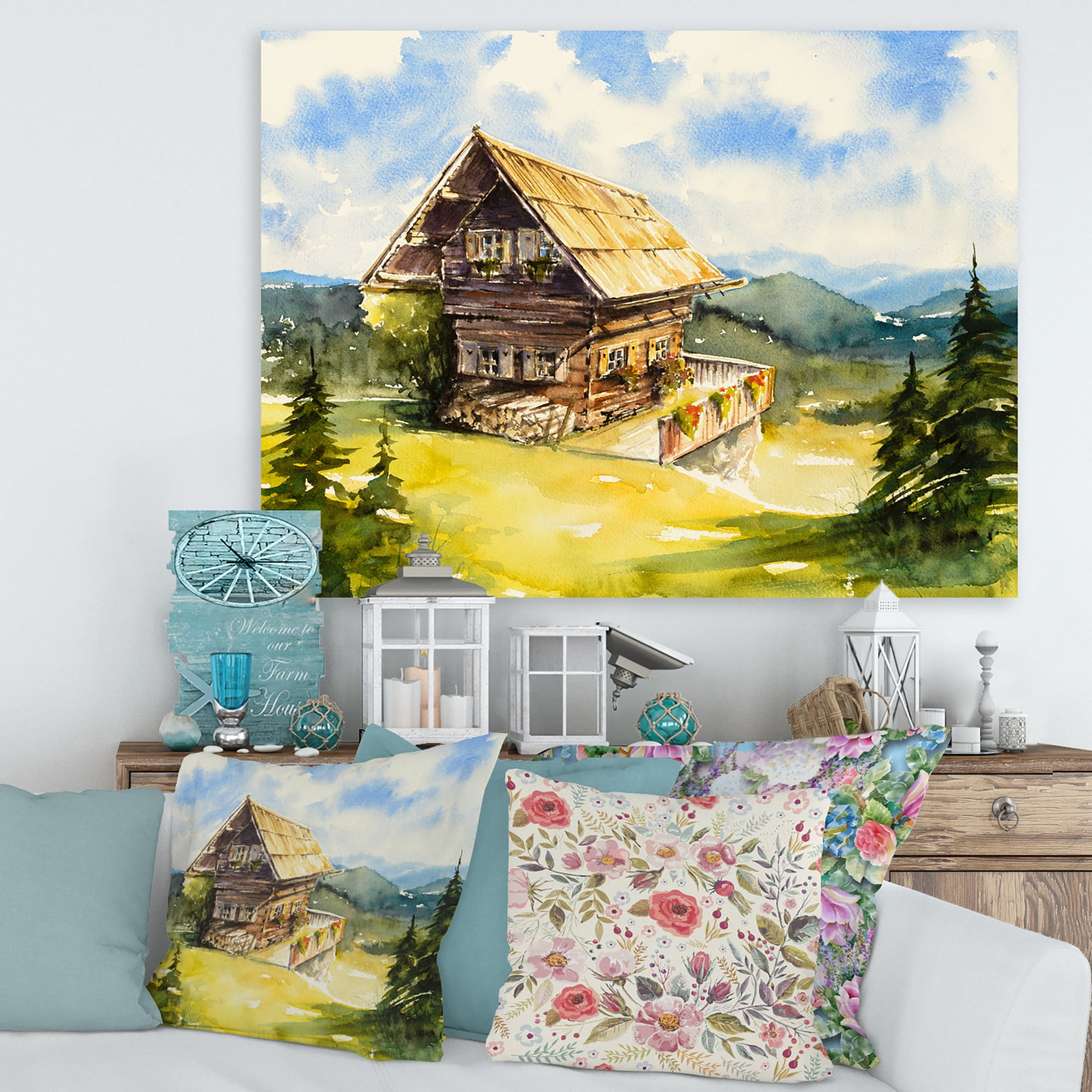 Old Cottage At Summer With Peaceful Landscape 8 in x 12 in Painting Canvas Art Print, by Designart