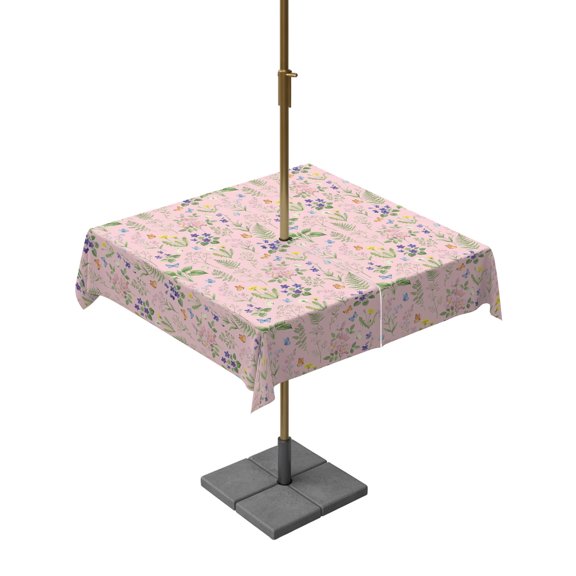 Square Outdoor Tablecloth with Umbrella Hole Pink Wheat Ears Flowers Outside Table Cloth Waterproof Patio Table Cover Farmhouse Countryside Floral Zipper Tablecloths for Picnic Camping 54x54 Inch