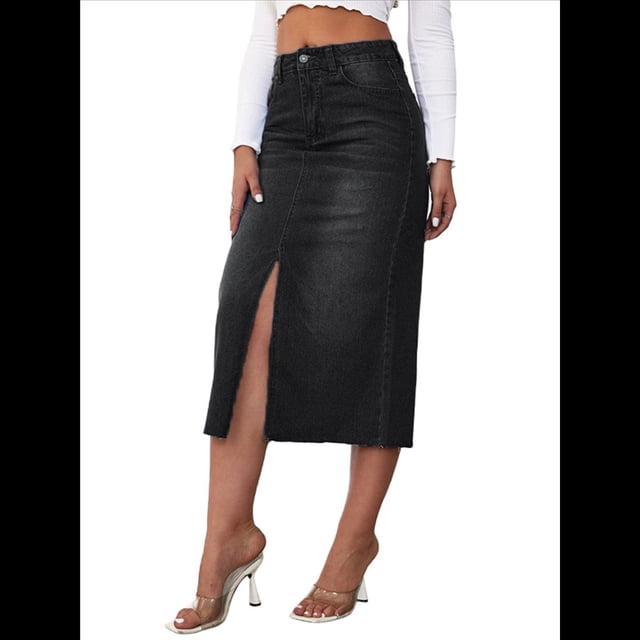 Falda Vaquera Elástica de Cintura Alta para Mujer, con Dobladillo Deshilachado, Corte A, Midi y Bolsillos. Negro L