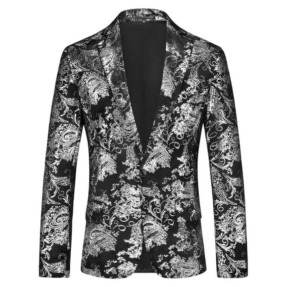 FAWUUDO Men's Dress Floral Suit Notched Lapel Pimp Blazer Dress Suit Vintage Gold Black Elegant Tuxedo Mardi Gras Carnival Silver