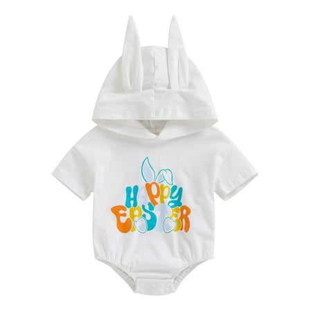 

Licupiee 0-24M Infant Baby Easter Short Jumpsuit Cute Rabbit Ear Hood Short Sleeve Letter Print Romper for Boys Girls