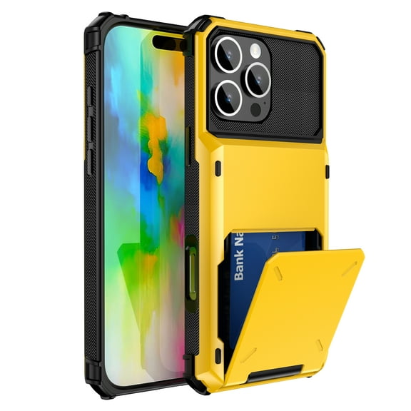 Allytechgroup Case for iPhone 16 Pro Max, [1x Screen Protector] Flip Credit Card Holder Non-Slip Shockproof Cover, Compatible with iPhone 16 Pro Max, Yellow