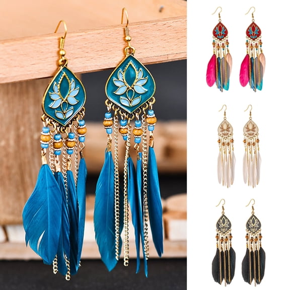 Besufy Women Earring,Boho Rhombus Beaded Feather Tassel Long Dangle Earrings Party Jewelry Blue