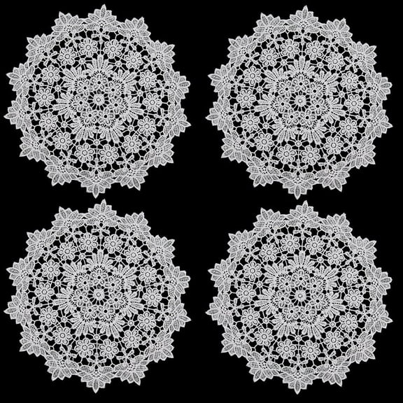 4Pcs Round Crochet Doilies 14 Inch Coasters Vintage Handmade Cup Vase Placemats Knitted Crocheted Lace Doily Table Decor for Wedding Tea Party Table Decoration Dining Room White