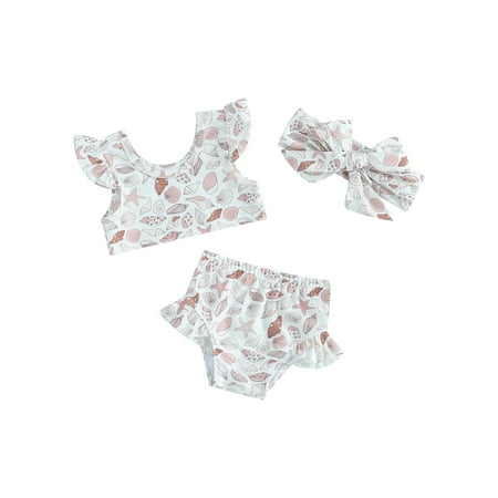 

Bslissey Toddler Baby Girl 3Pcs Swimsuit Cute Print Fly Sleeve Tops + Elastic Ruffle Shorts + Headband 6M 9M 12M 18M 24M 3T Infant Sweet Bikini Set Summer Bathing Suits