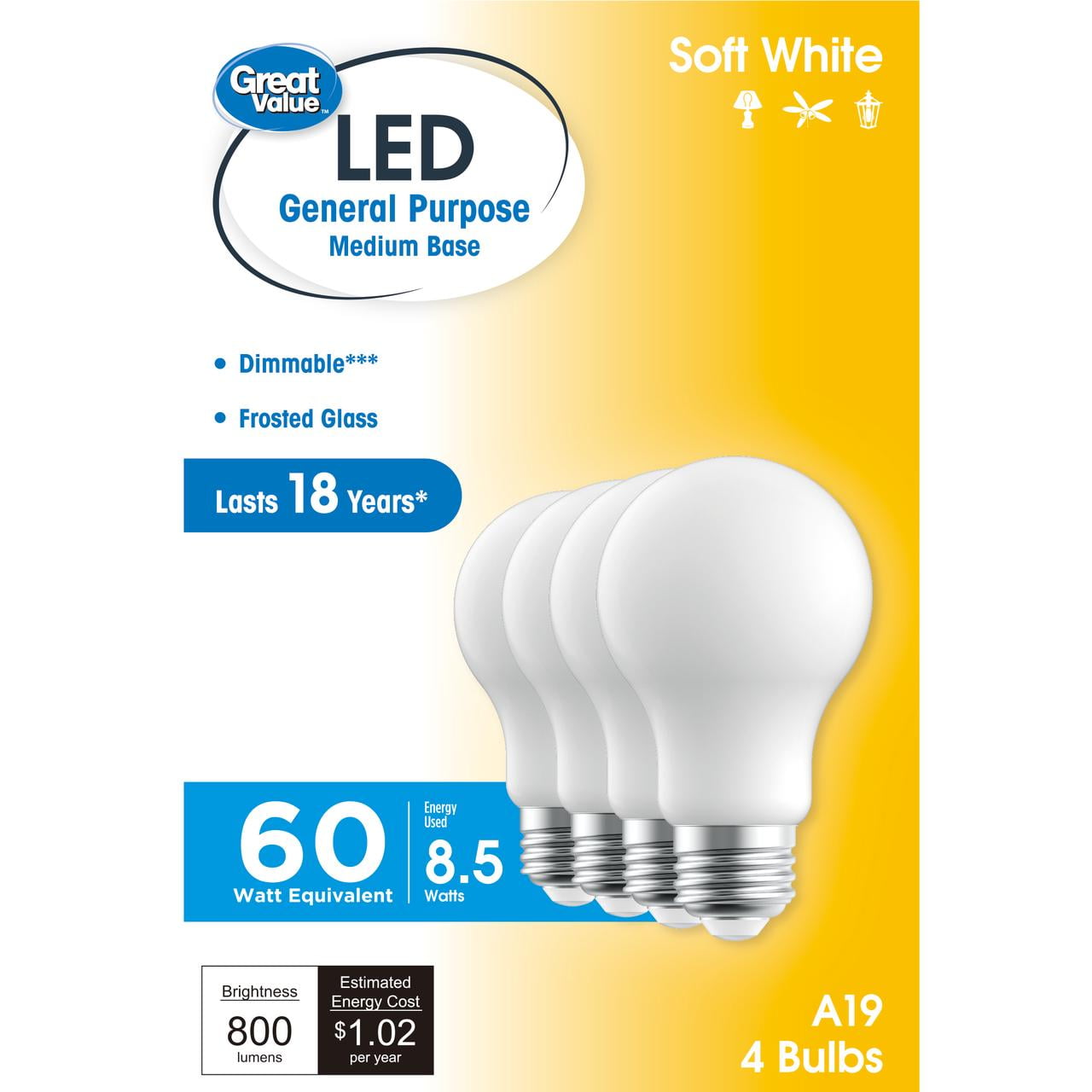 Great Value 18YR A19 LED Light Bulb, 8.5W, 60W Equivalent, Dimmable Soft White, E26 Medium Base, 4 Pack
