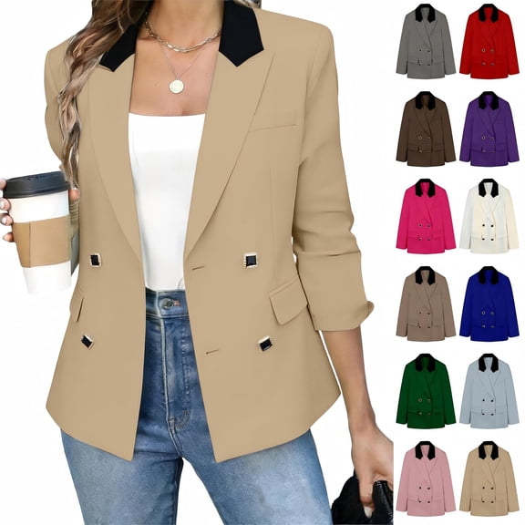 Tqcoqu Women's Contrast Lapel Double Breasted Blazer,Padded Shoulder Long Sleeve Open Front Suit Jacket,2026 Spring Fall Trendy Clothes,Beige Women's XS-XXL