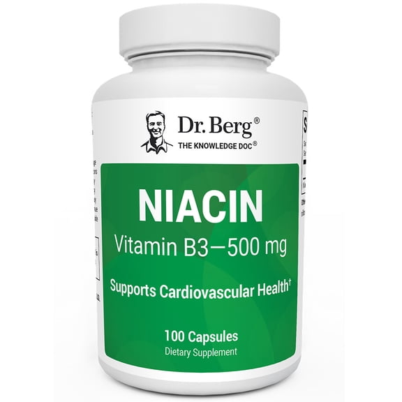 Dr. Berg Niacin 500 mg of Vitamin B3 (125 mg Per Capsule) with Flushing for Heart Health & Energy Support, 100 Gelatin Capsules
