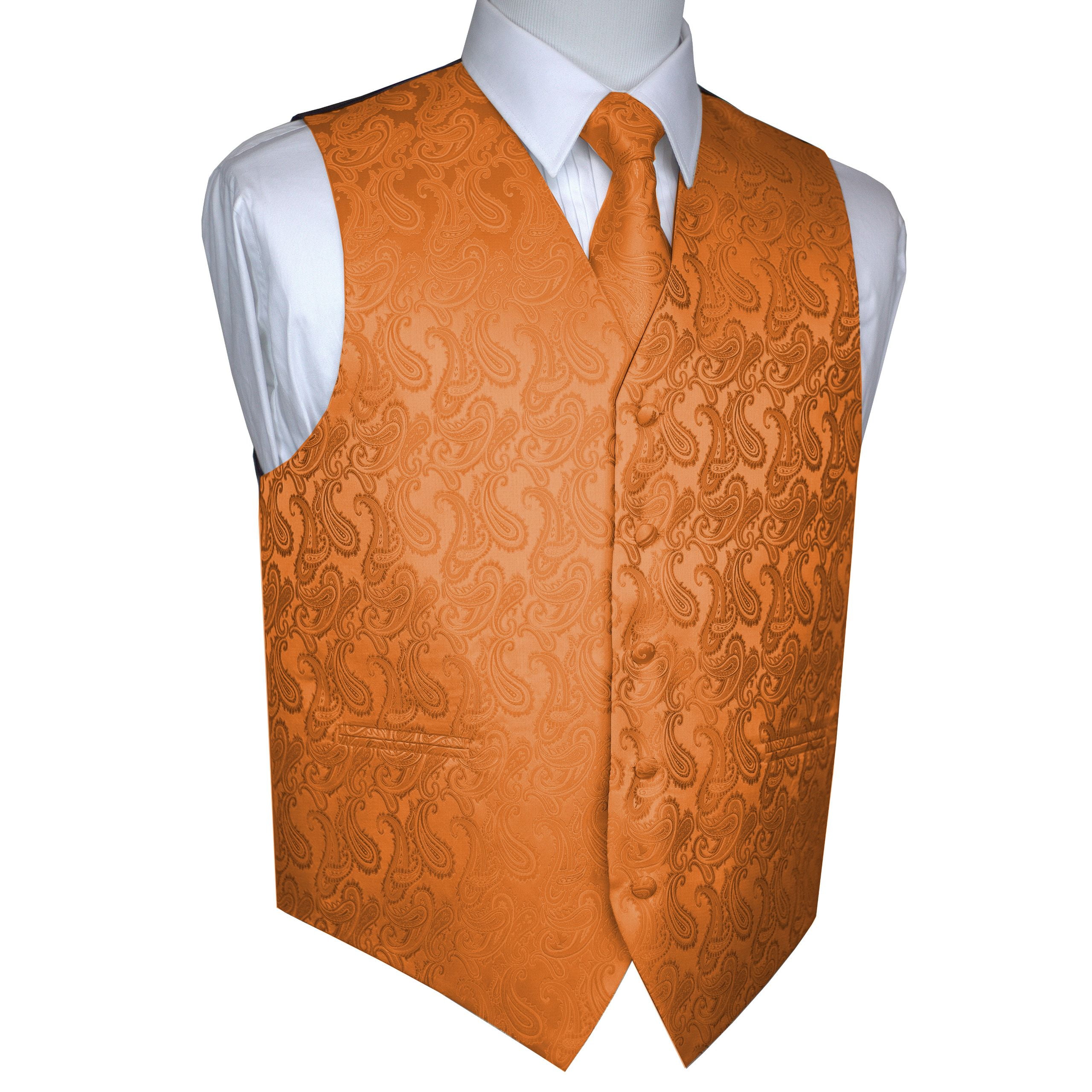 Mens Bright Orange Perfect Tuxedo Formal Vest & Tie Waistcoat Wedding Prom 