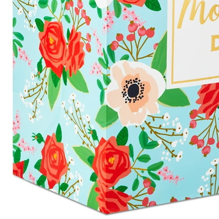 Hallmark 17" Extra Large Mother's Day Gift Bag with Tissue Paper (Red Roses, Green Foliage, Bright Blue) for Mom, Grandma, Nana, New Mother