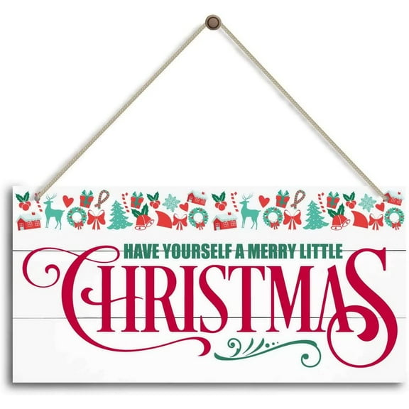 Christmas Door Sign Decor, Have Yourself A Merry Little Christmas, Winter Seasonal Christmas Wall Art Hanging Wooden Sign Merry Xmas Holiday Decorations for Home Outside Indoor 10x5 Inch
