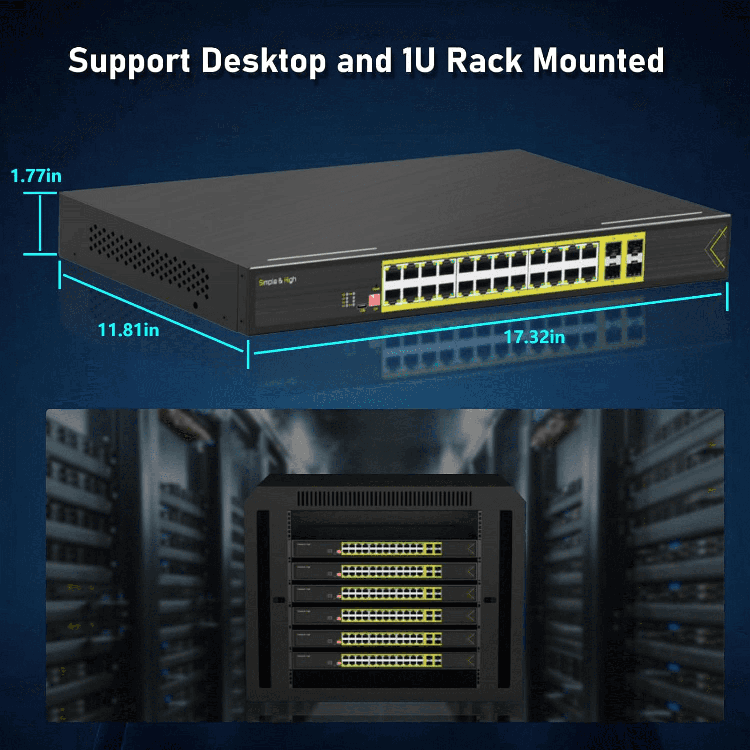 Managed 24 Port Gigabit Switch with 4 SFP Slots, USB-C Management & Redundant DC Power, L2+ Rackmount Network Switch for Business