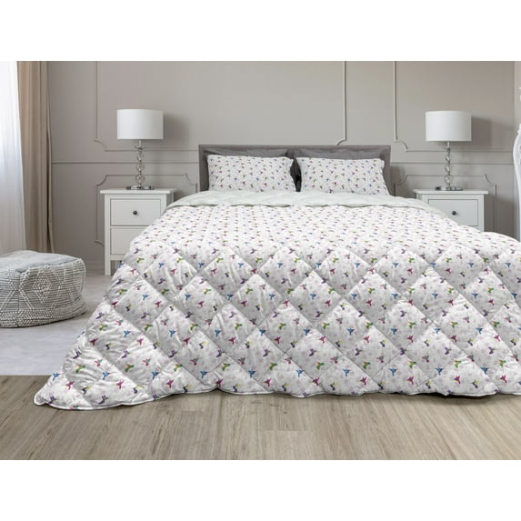 Botanical Comforter & Sham Bedding Set, Summer Time Design of Colorful Hummingbirds and Flowers Outdoor Nature Elements, 3 pcs Duvet Set Microfiber Filling Quilt, 5 Sizes, Multicolor, by Ambesonne
