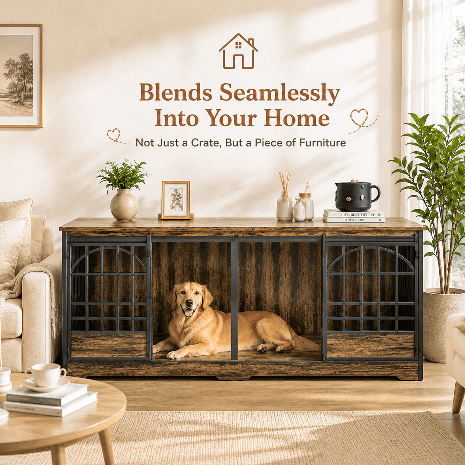 Fowroa 78 inch Extra Large Double Dog Crate Furniture, Heavy Duty Indoor XXL Dog Kennel with Removable Divider, Brown