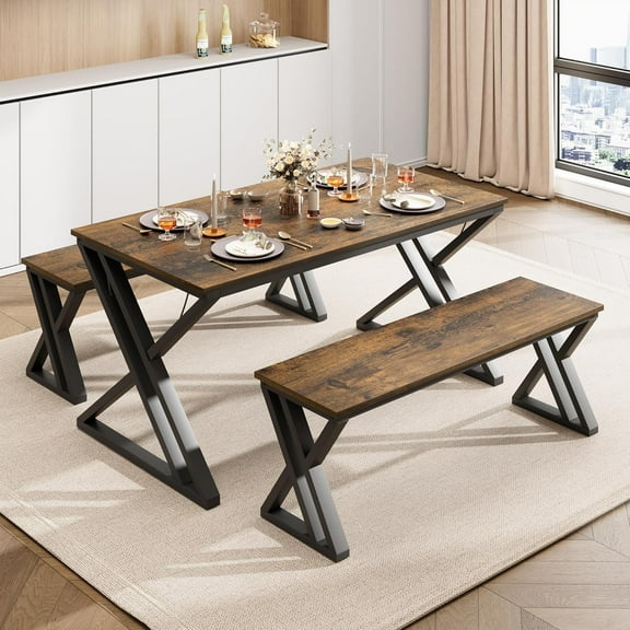 Don't Miss Out Kitchen Table with Benches - Dining Table Set for 4 Sturdy Metal Kitchen Table Set with X Metal Frame Saving Space Dining Room Table Set,Perfect for Kitchen, or Studio,Brown