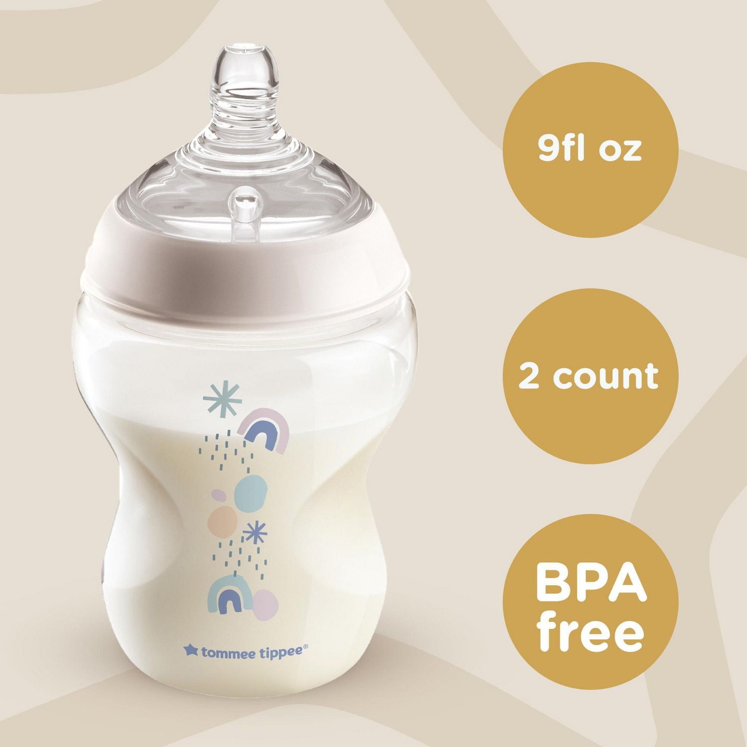 Tommee Tippee Closer to Nature Baby Bottles, Breast-Like Nipples with Anti-Colic Valve, 9oz, 2 Count, 9 Fl Ounces