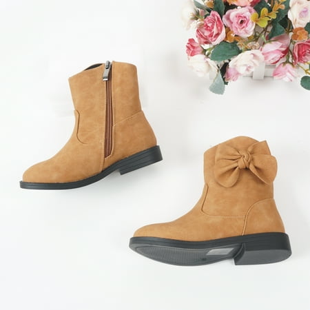 

Girls Boots With Bowknot Decor Durable Comfy Ankle Boots Outdoor Zipper High Top Shoes