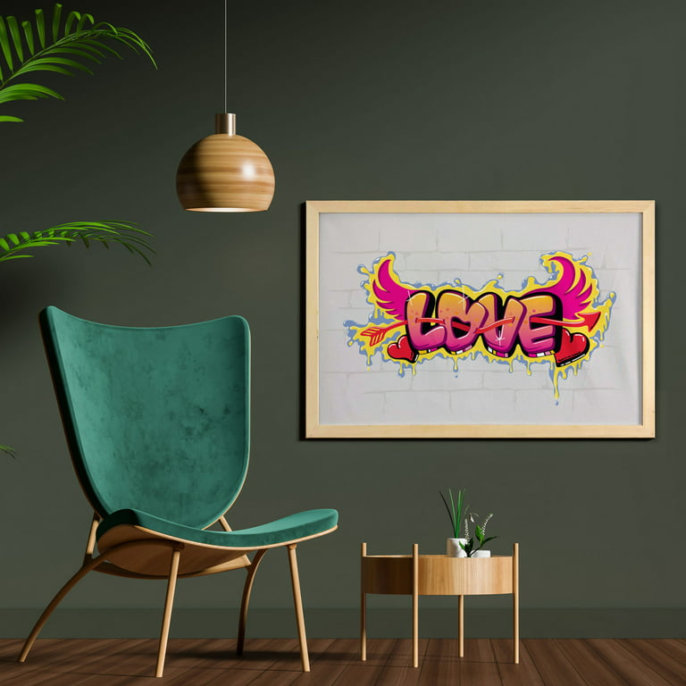 Urban Graffiti Wall Art with Frame, Arrow Pierced Love Word as Bubble  Letters with Wings on Drippy Painting, Printed Fabric Poster for Bathroom  Living Room Dorms, 35\
