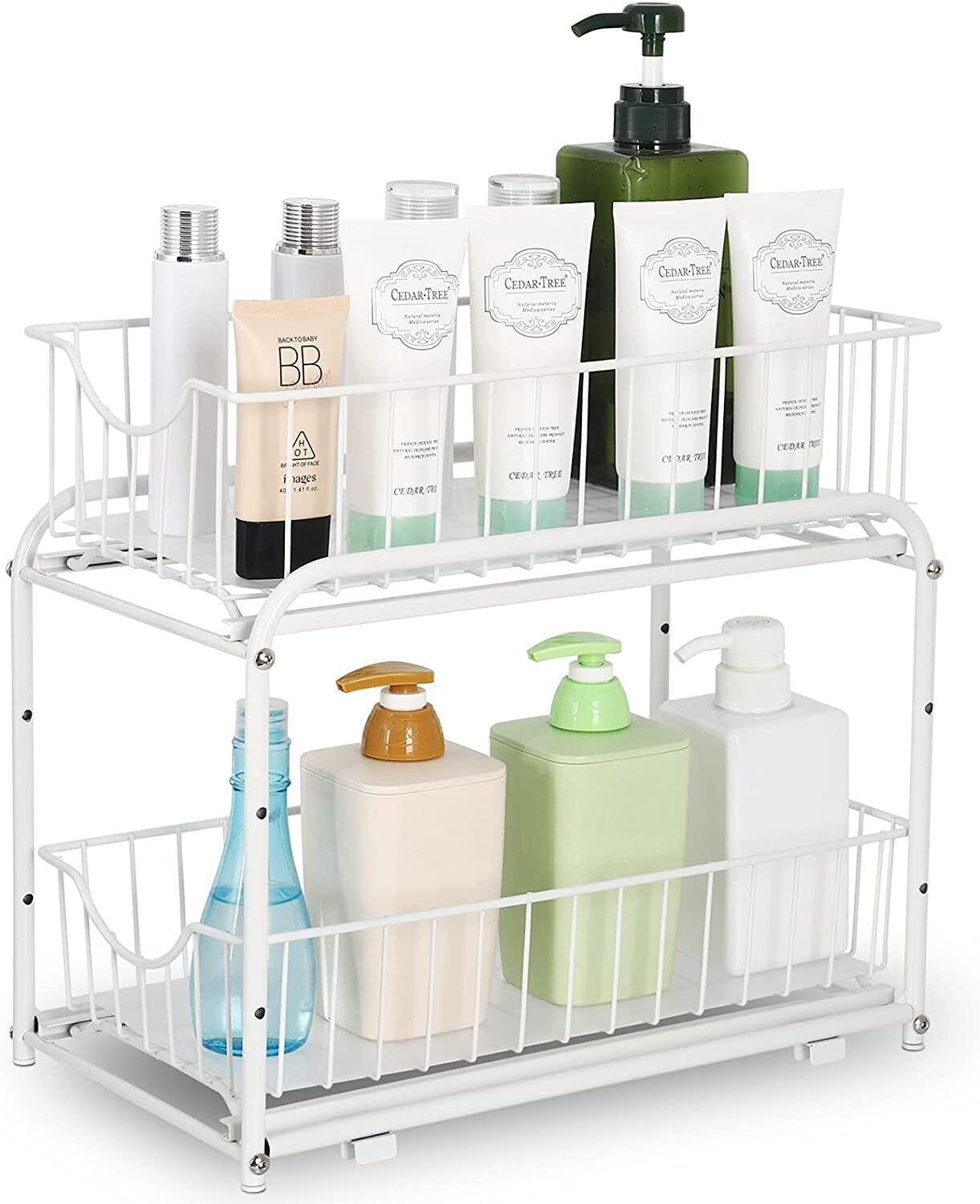 2 Tier Under Sink Basket Organizer Stackable with Sliding Storage