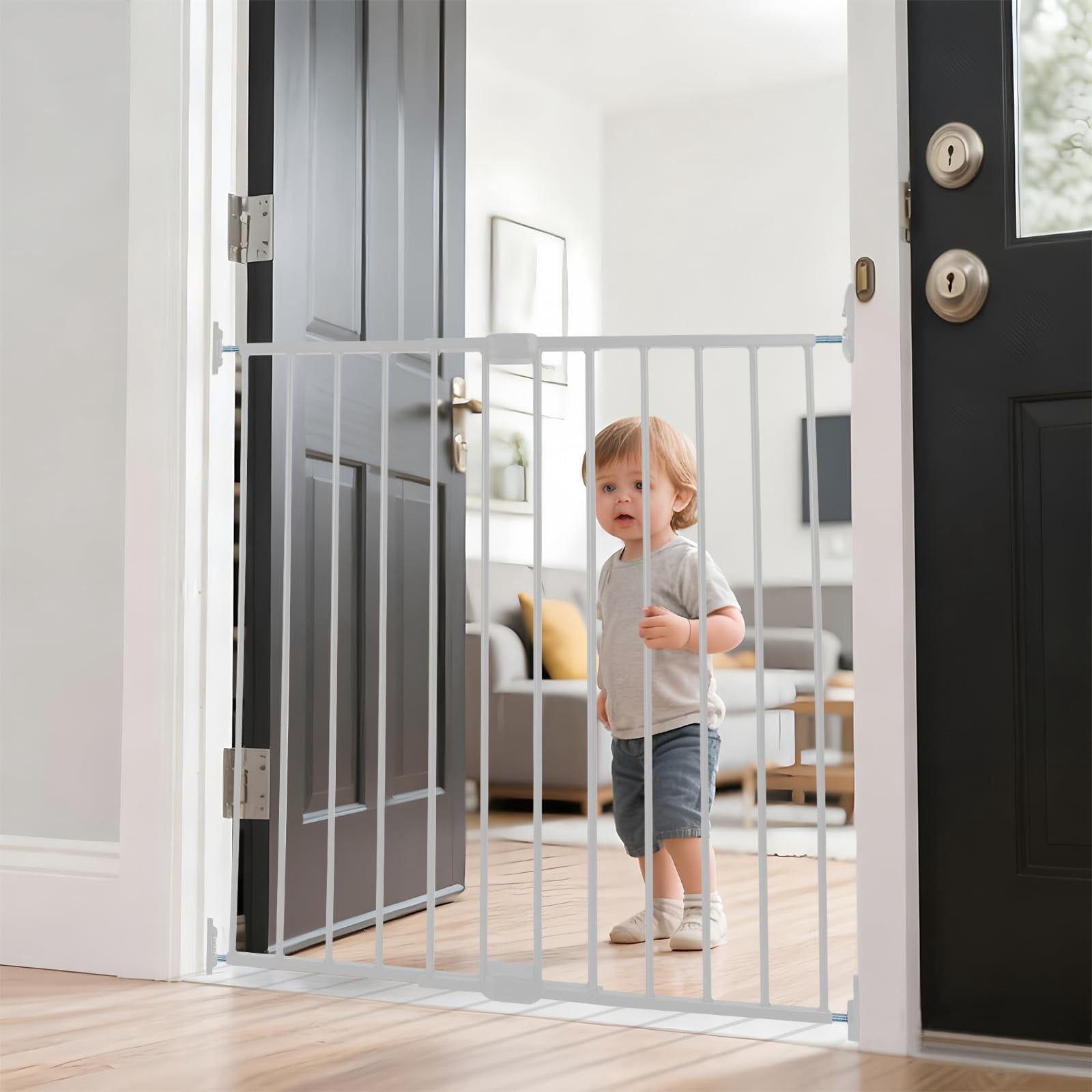 Adjustable Pet Safety Swing Gate, Hardware-Mounted Metal Gate for Stairs and Doorways, Secure Latch for Pets (White, 24"-40.5" W x 28.75" H)