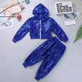 thumbnail image 3 of MSemis Kids Boys Girls Hip Hop Jazz Outfits Dancing Costume Sequins Hooded Tops Pants Fedora Hat Set Blue 3-4, 3 of 6