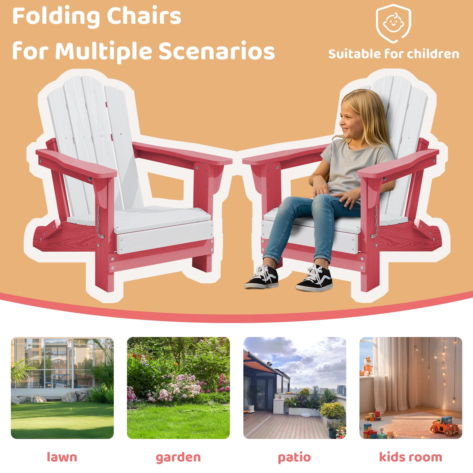 FUNDAZE HDPE Adirondack Outdoor Chair, Foldable & Weather-Resistant Patio Chair for Garden Lawn Deck,Pink and White