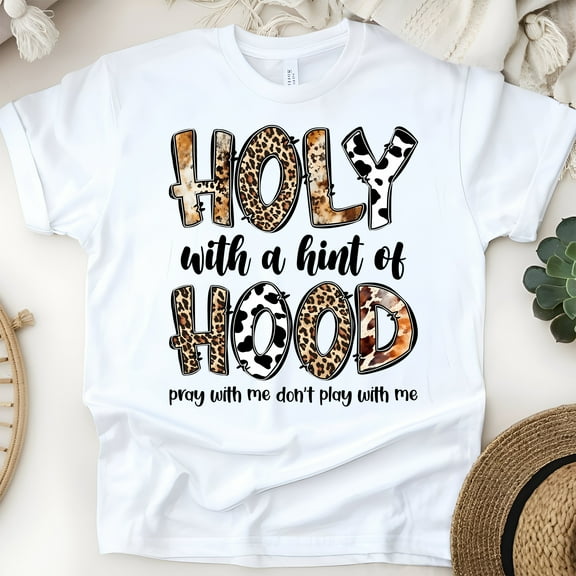 Holy with a Hint of Hood T-Shirt | Leopard & Cow Print Christian Tee, White, Size S