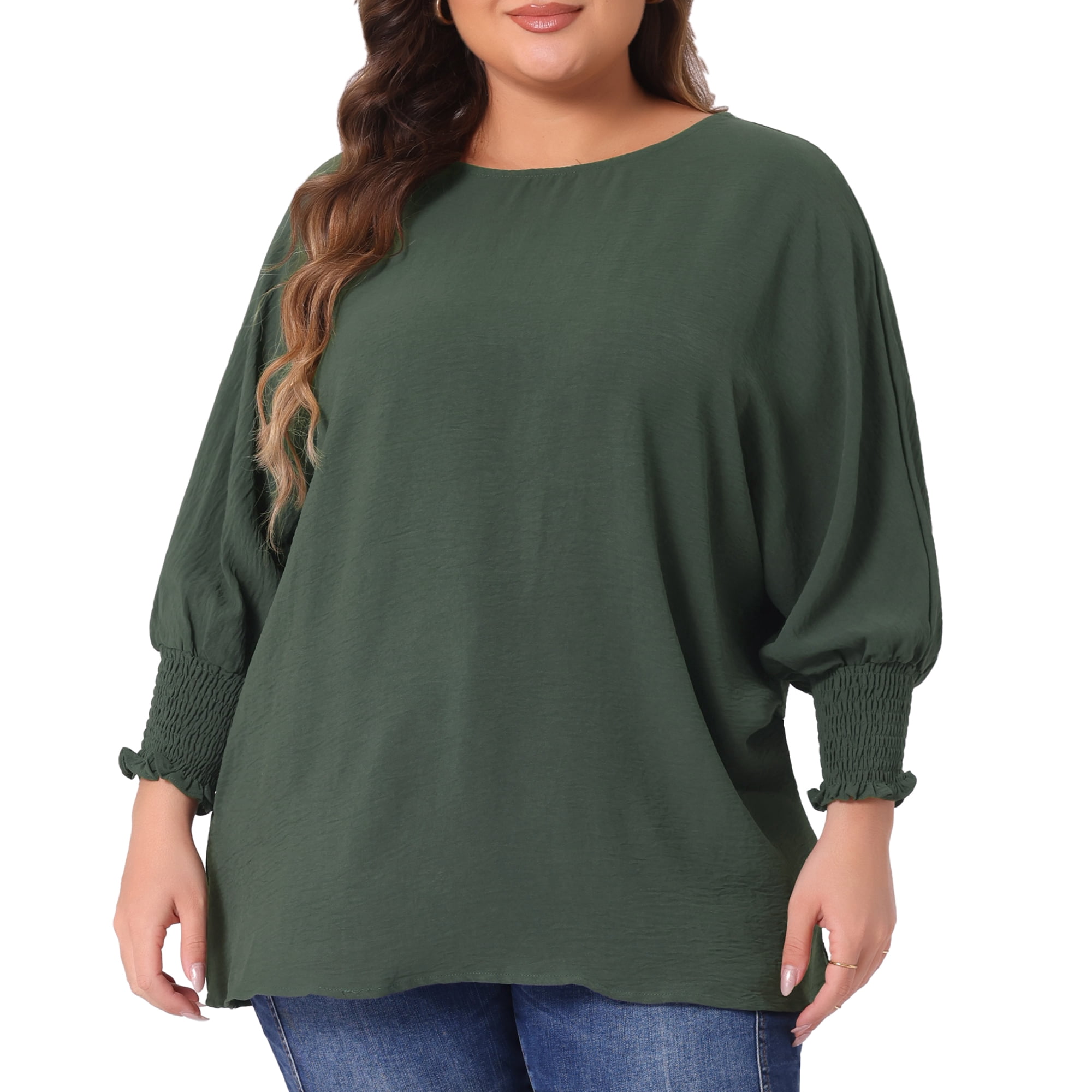 DARING DIVA Women's Plus Chiffon Batwing Ruffle Long Sleeve Casual Blouse 1X Army Green