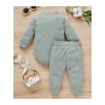 thumbnail image 3 of Diconna  Baby Gitls Boys Waffle Plaid Clothes Fashion Solid Color Waffle Button Long Sleeve Romper and Tie-up Trousers, 3 of 8