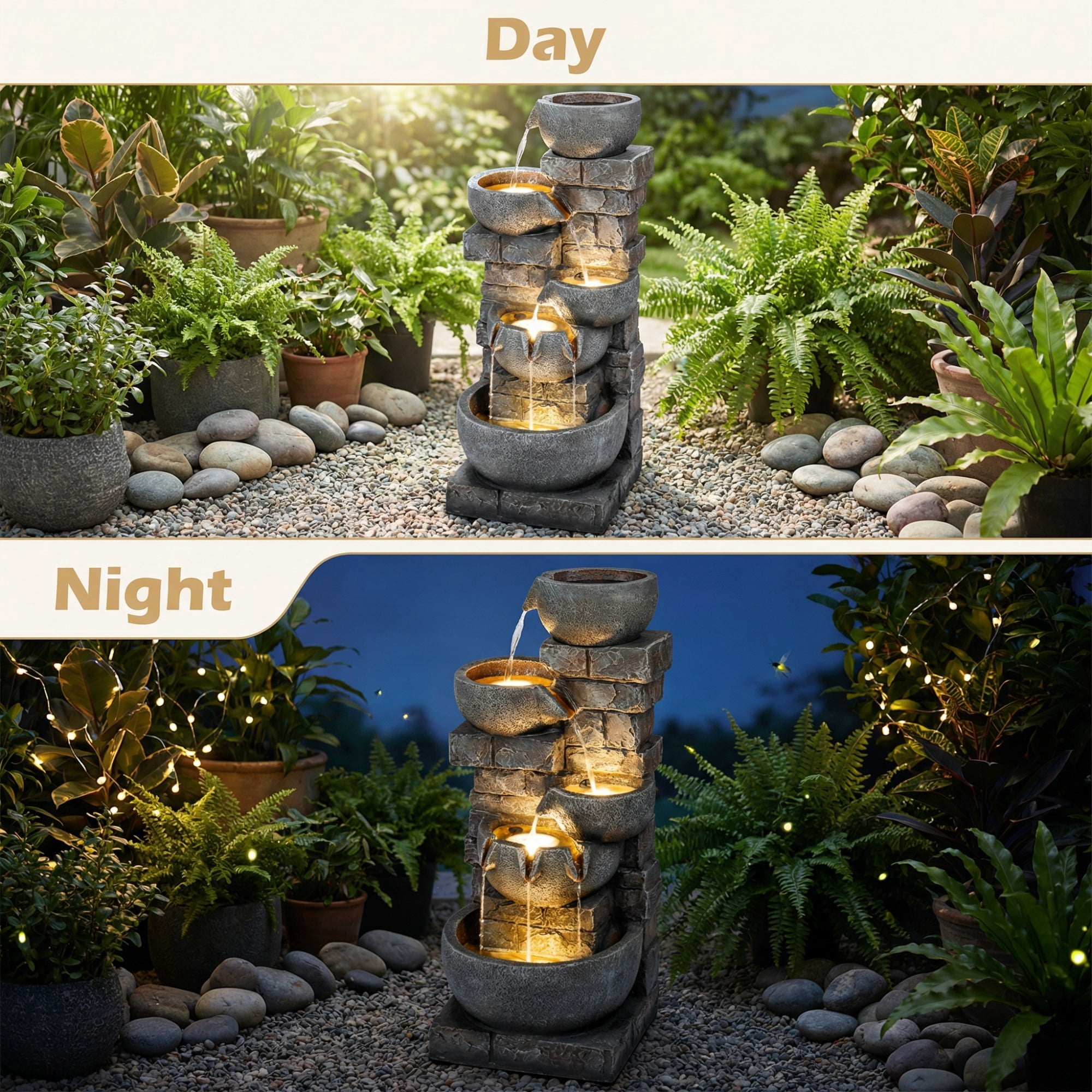 ELLEGNT 33" 5-Tier Cascading Water Fountain with Color-Changing LED Lights – Outdoor Fountain for Patio, Backyard, Porch, Deck, or Garden