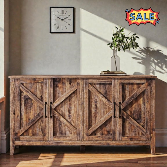 Tcbosik Buffet Sideboard with 4 Doors, Coffee Bar Cabinet, Farmhouse Storage Cabinet, Floor Standing Accent Cabinet for Kitchen, Living Room, Dining Room, Espresso