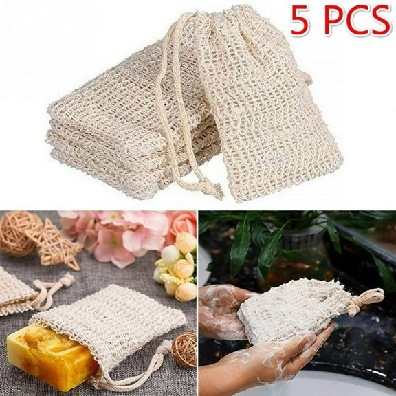 5pcs Sisal Soap Bag Ideal for Scraps & Save Soaps, Natural Fiber Soap Bags for Foaming and Drying The Soap, Organic Soap Bag with Pouch Holder for Shower Bath