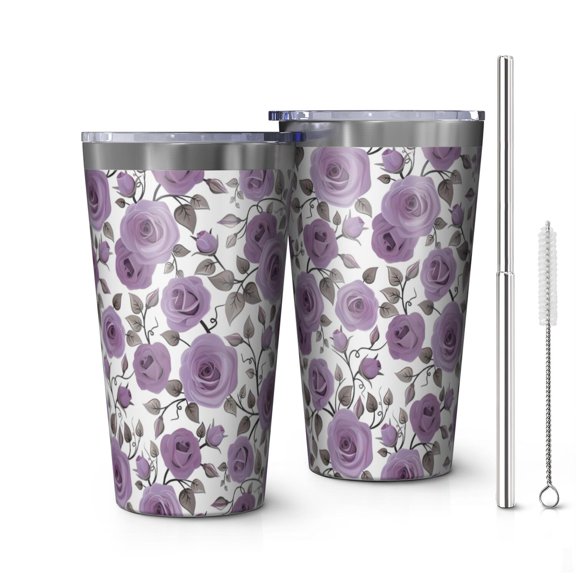 16oz Tumblers Pioneer Flower Floral Print Pattern Stainless Steel Vacuum Insulated Double Wall Travel Tumbler Cups Mug with Lid and Straw,Cleaning Brush for Coffee,Tea