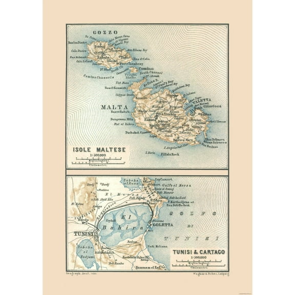 Historic Map - Malta Tunisia Carthage - Baedeker 1880 - Vintage Wall Art
