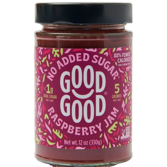 GOOD GOOD Raspberry Jam, No Added Sugar, Low-Calorie, Vegan, 12 oz Jar