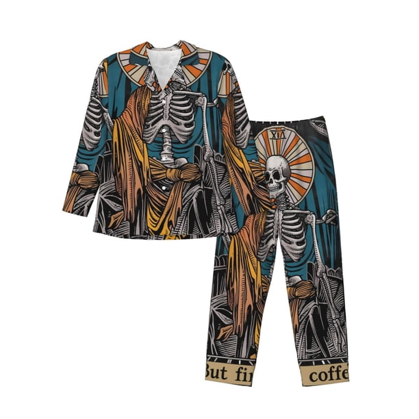 Balery Coffee-Drinking Skull Pijama para Hombre de Dos Piezas con Manga Larga, Conjunto de Dormir y Descanso Suave con Bolsillos-Large