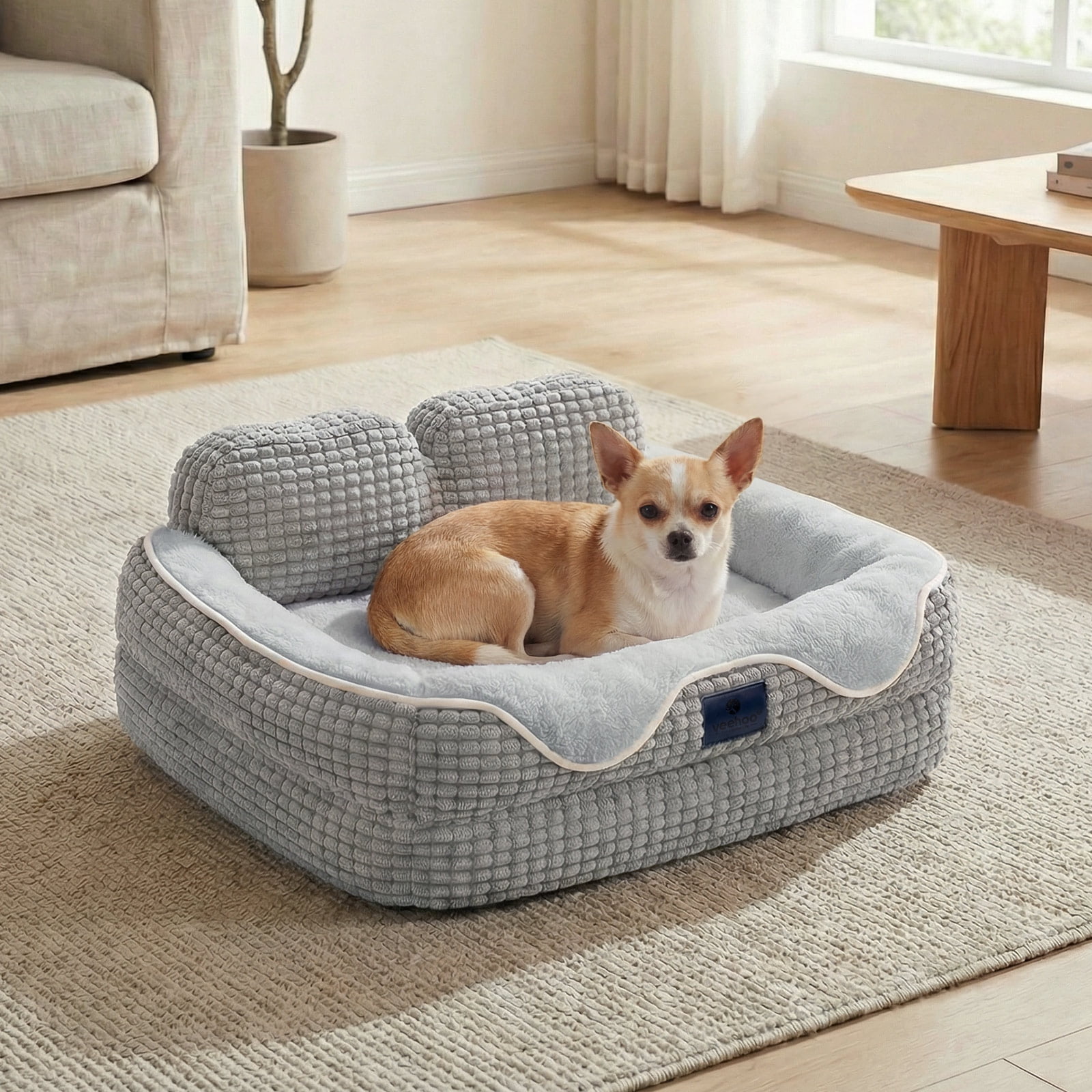 Veehoo Cute Small Dog Bed, Orthopedic Waterproof Pet Beds for Small Dogs, High Back Non-Slip Bottom and Egg-Crate Foam Puppy Couch Sofa with Washable Removable Cover, 24"