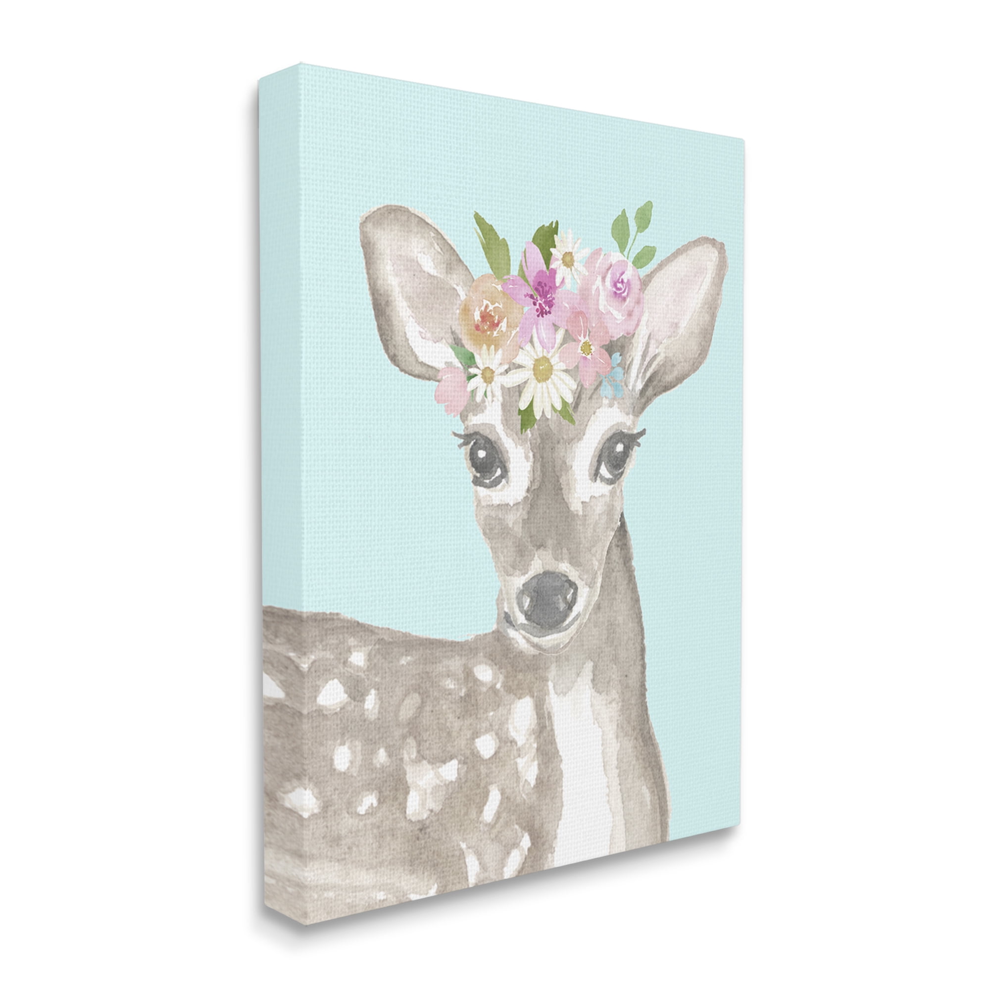 Stupell Industries Floral Deer on Blue Animals & Insects Painting Gallery Wrapped Canvas Print Wall Art, 30 x 40