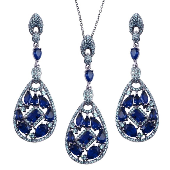 Blue Cubic Zirconia Dangling Teardrop Necklace and Earrings Set Sterling Silver