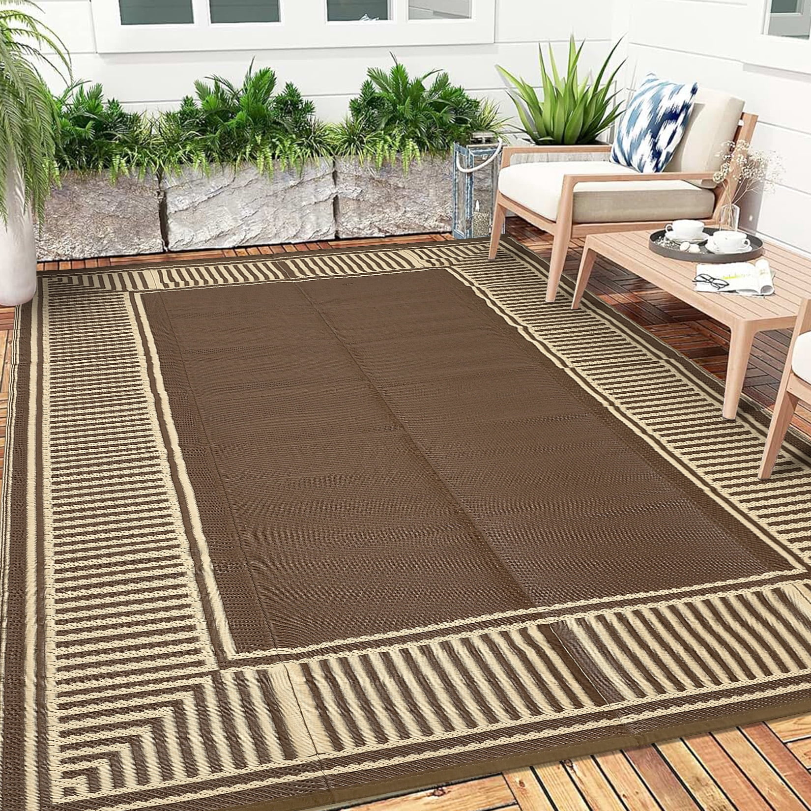 Garvee 10'x14' Outdoor Rug Waterproof Plastic Straw Rug, Modern Bordered Outdoor Carpet UV-Resistant Reversible Mat for Patio RV Deck Beach Porch, Brown