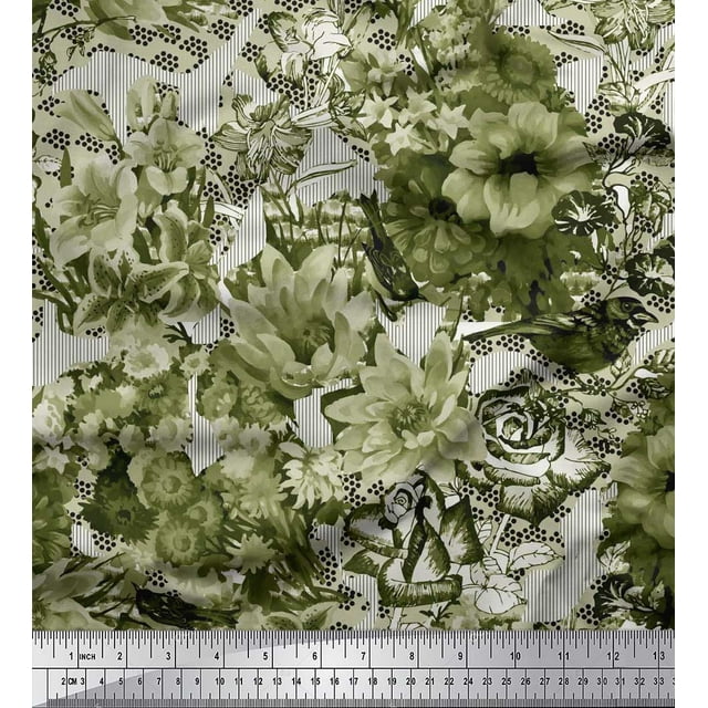 Soimoi Green Modal Satin Fabric Stripe & Floral Decor Fabric Printed BTY 42 Inch Wide