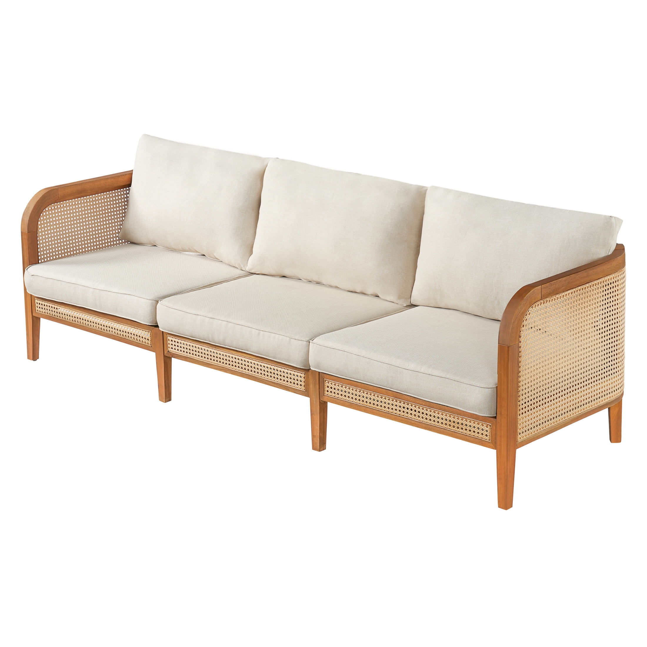 Christopher Knight Home Outdoor 3 Seater Sofa with Wicker, Beige Cushions, Teak