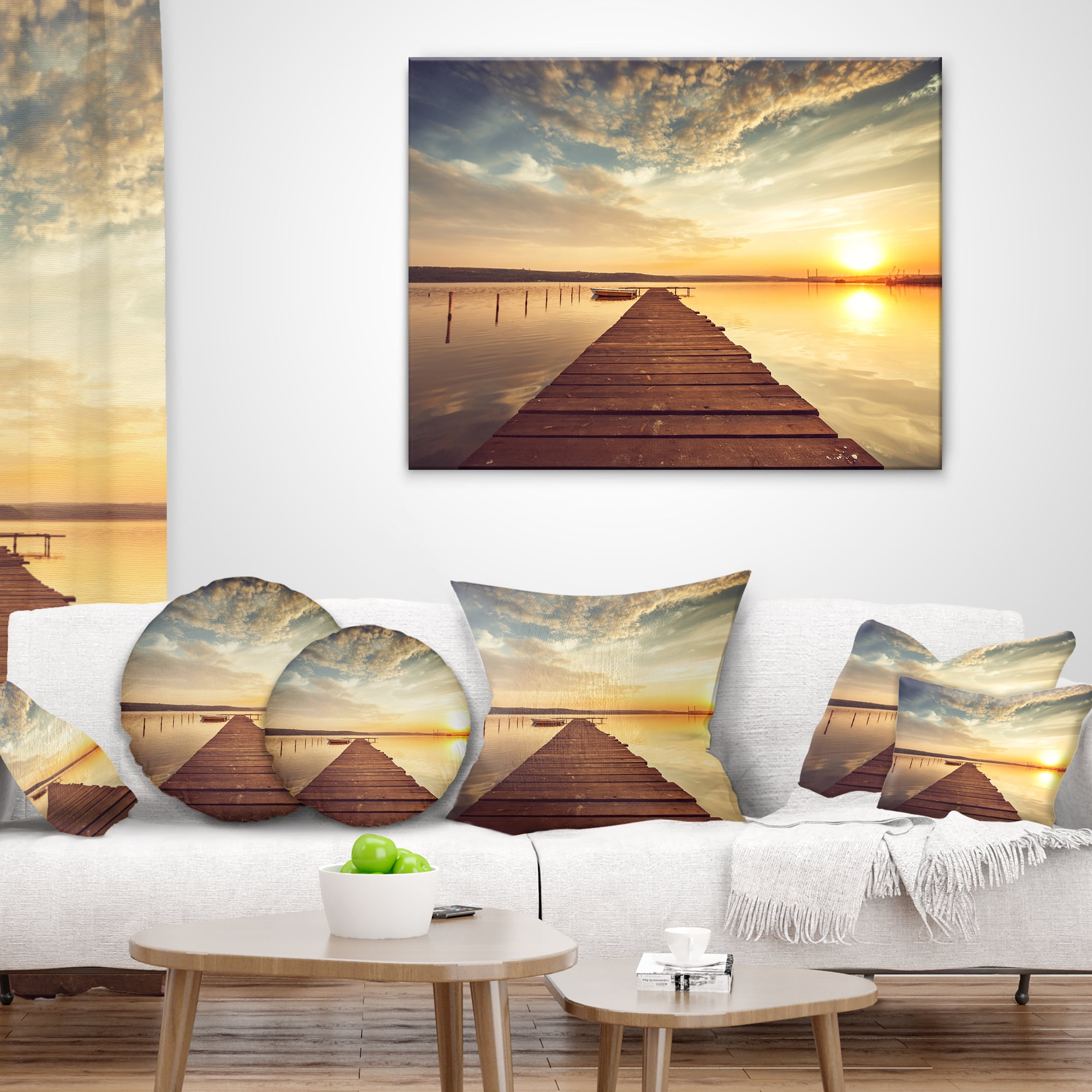 Designart Sea Pier under Beautiful Cloudscape - Modern Throw Pillow - 18x18