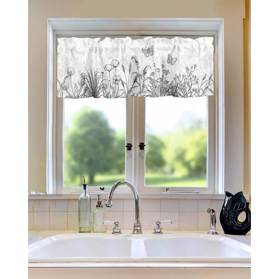 Curtain Valance for Windows Butterfly Flower Art Black White Kitchen Valances Rod Pocket Short Curtains,Simple Style Floral Plants Window Treatment Panel for Living Room Bathroom Bedroom 54x18in